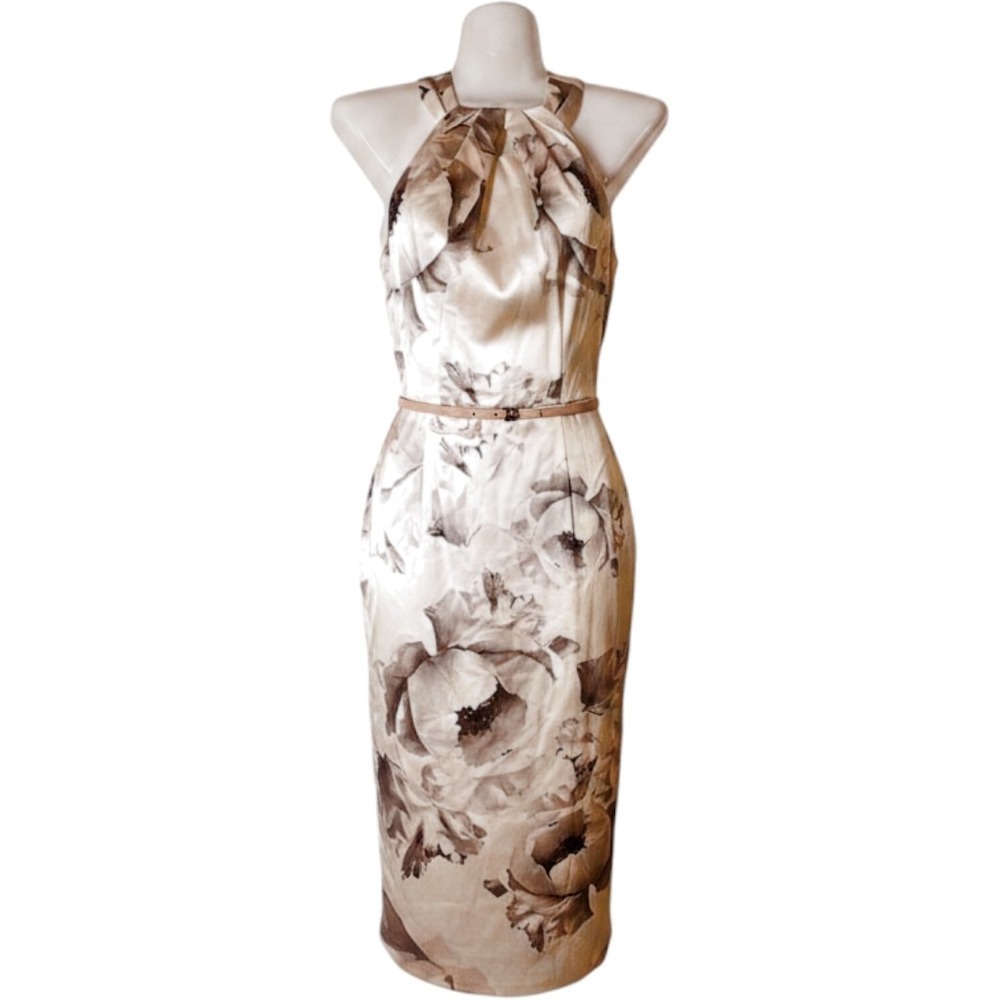 Floral White Satin Halter Midi Cocktail‎ Dress Size 4 Feminine Glamour Classic